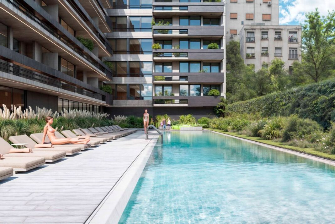 Edificio moderno con amenities como piscina, terraza y espacios de coworking en Argentina