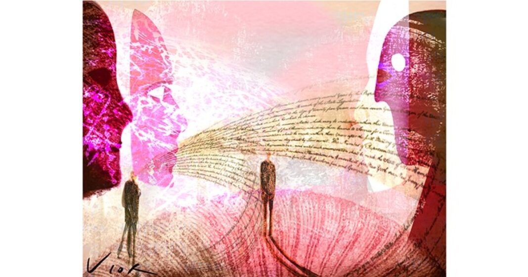 Concepto abstracto de una máscara junto a un edificio gubernamental, simbolizando la dualidad entre lo personal y lo público.