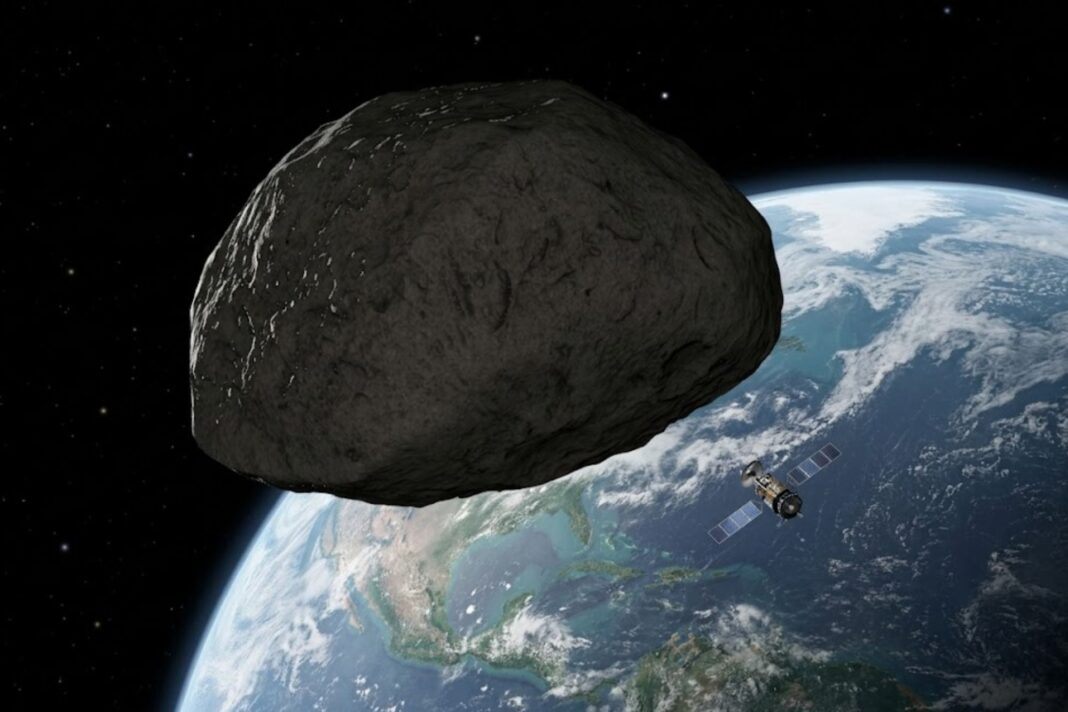 Ilustración artística del asteroide Apophis acercándose a la Tierra en el espacio.