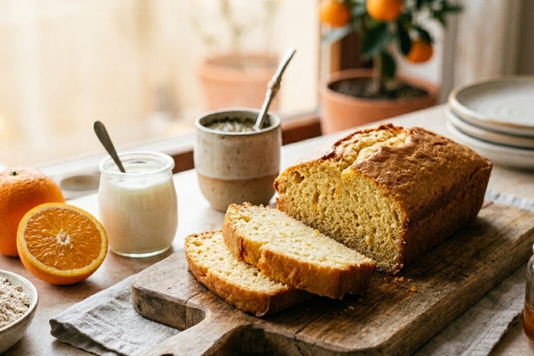 Rebanada de budín de naranja y yogur sobre un plato, con gajos de naranja de fondo.
