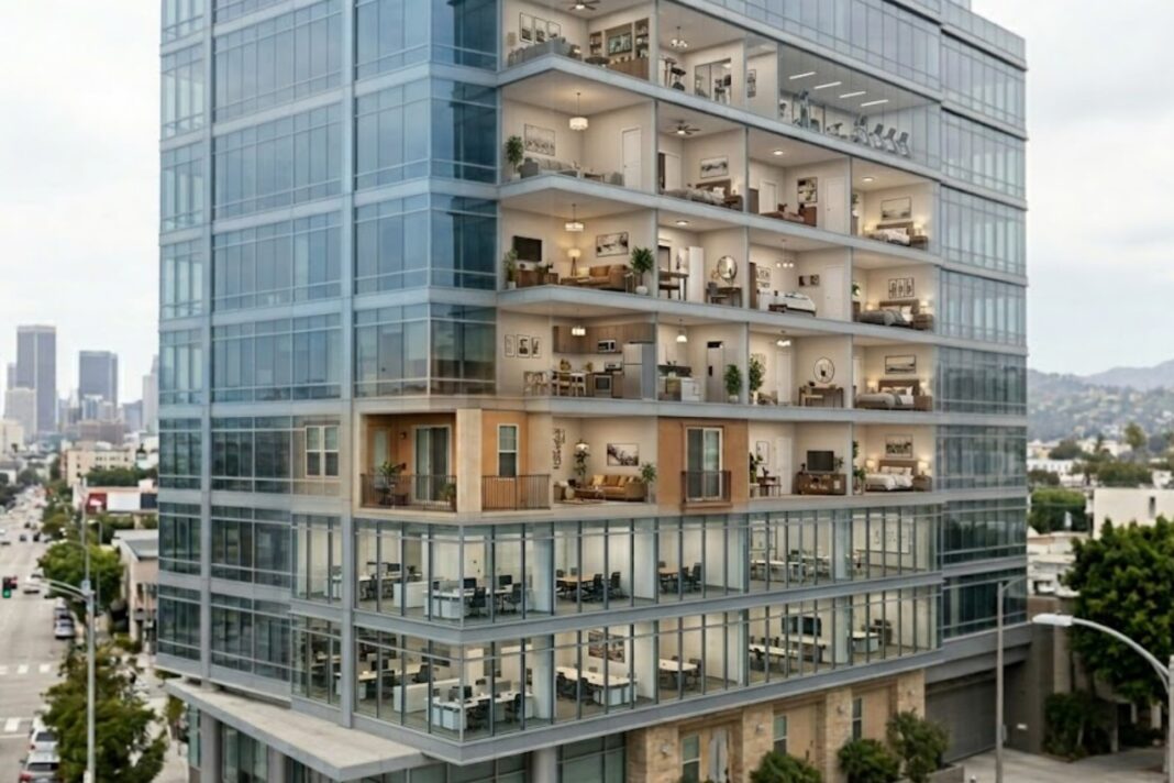 Edificios de oficinas y residenciales en un centro urbano, ilustrando el concepto de reconversión de espacios.