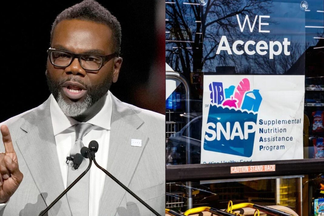 Alcalde Brandon Johnson en anuncio de subsidios para organizaciones de asistencia alimentaria en Chicago.