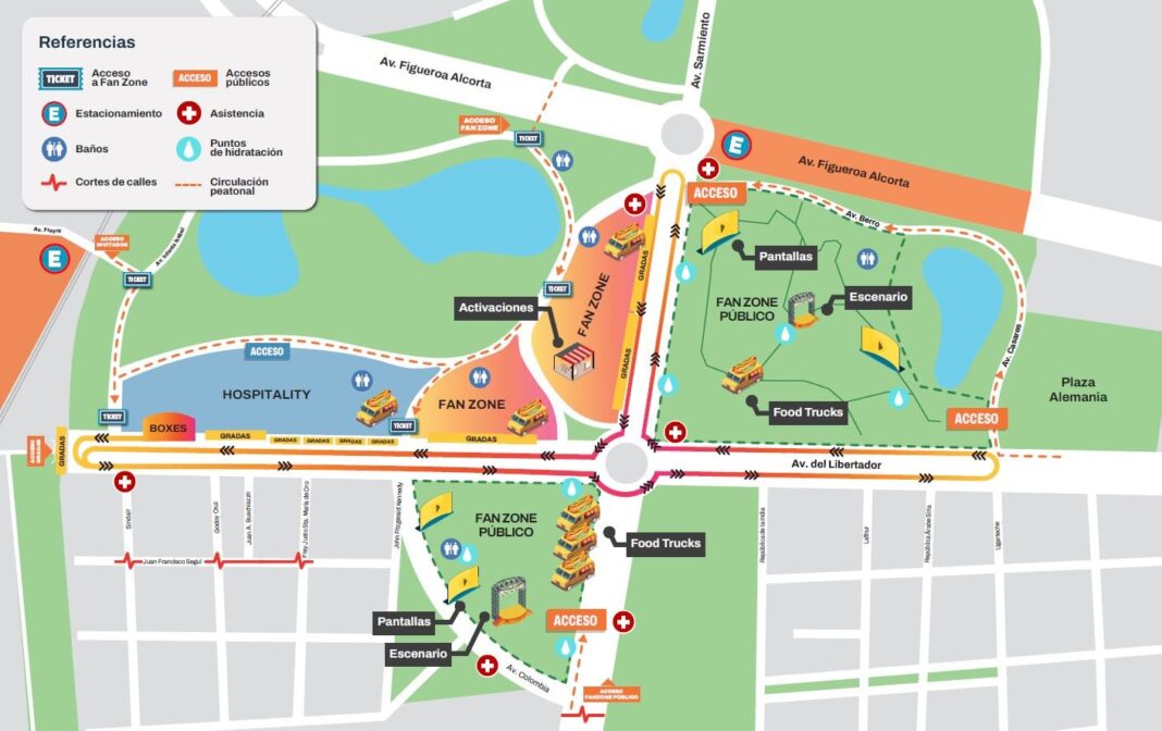 Vista aérea de cortes de tránsito en el barrio de Palermo durante el Road Show de Franco Colapinto