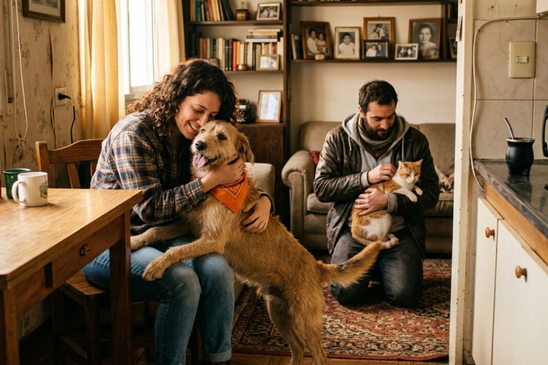 Perro y gato juntos en un hogar argentino en el Día del Animal