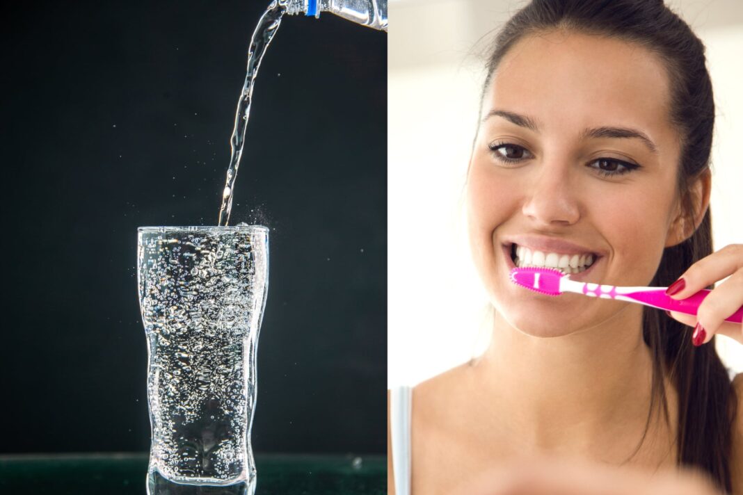 Ilustración de un vaso de agua con gas y un diente, representando el estudio sobre salud dental.