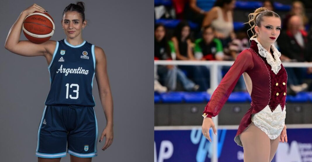 Delfina Veljanovich patinando y Candela Gentinetta jugando al básquet, representando a las deportistas estudiantes argentinas.