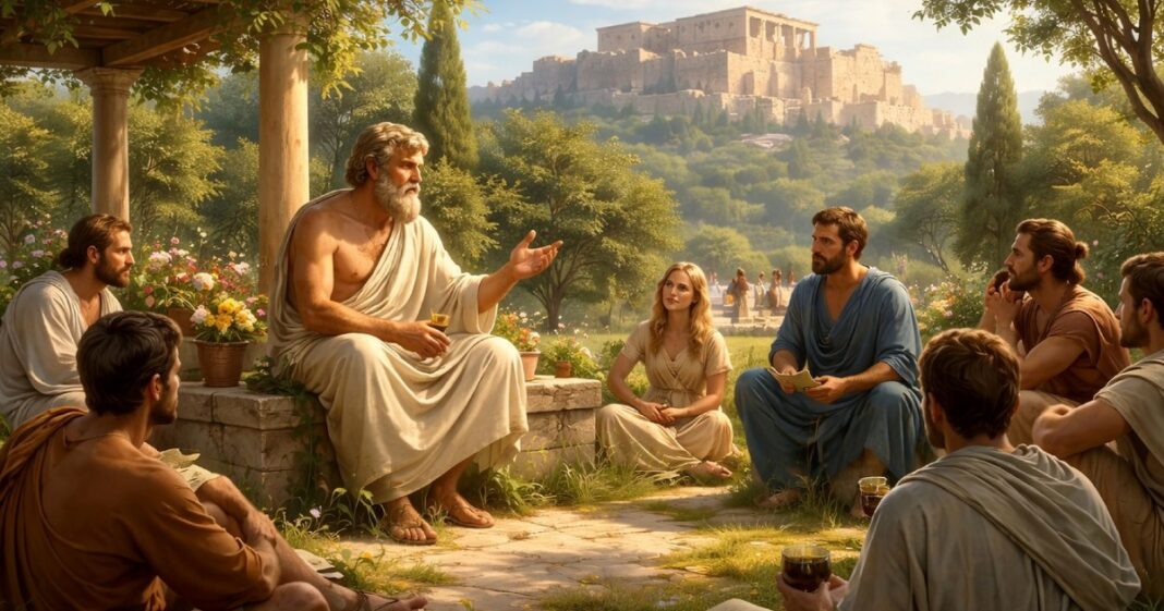 Busto de Epicuro, filósofo griego, en tonos cálidos