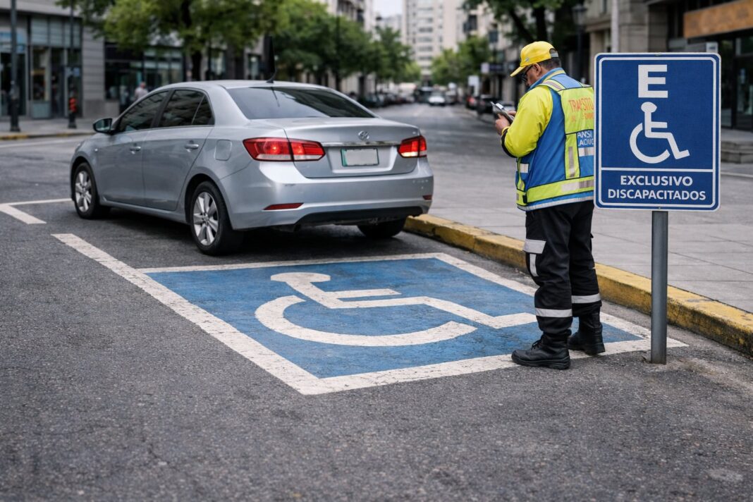 Señal de tránsito indicando estacionamiento reservado para personas con discapacidad en una calle.