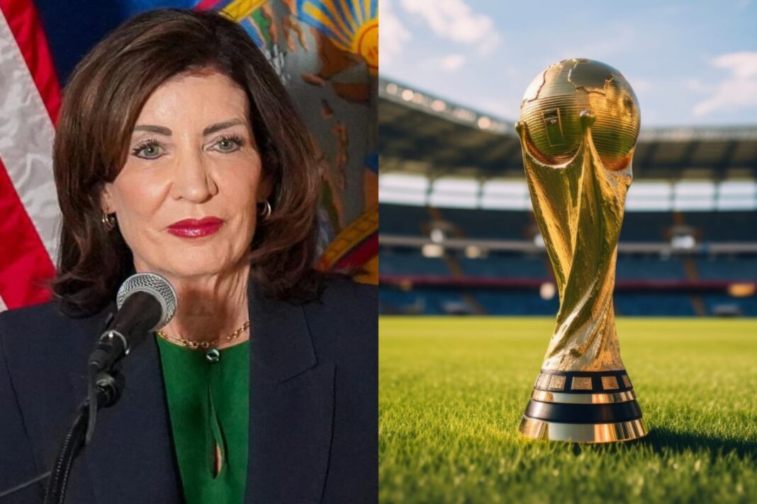 Pantalla gigante en Canalside Buffalo durante evento del Mundial 2026