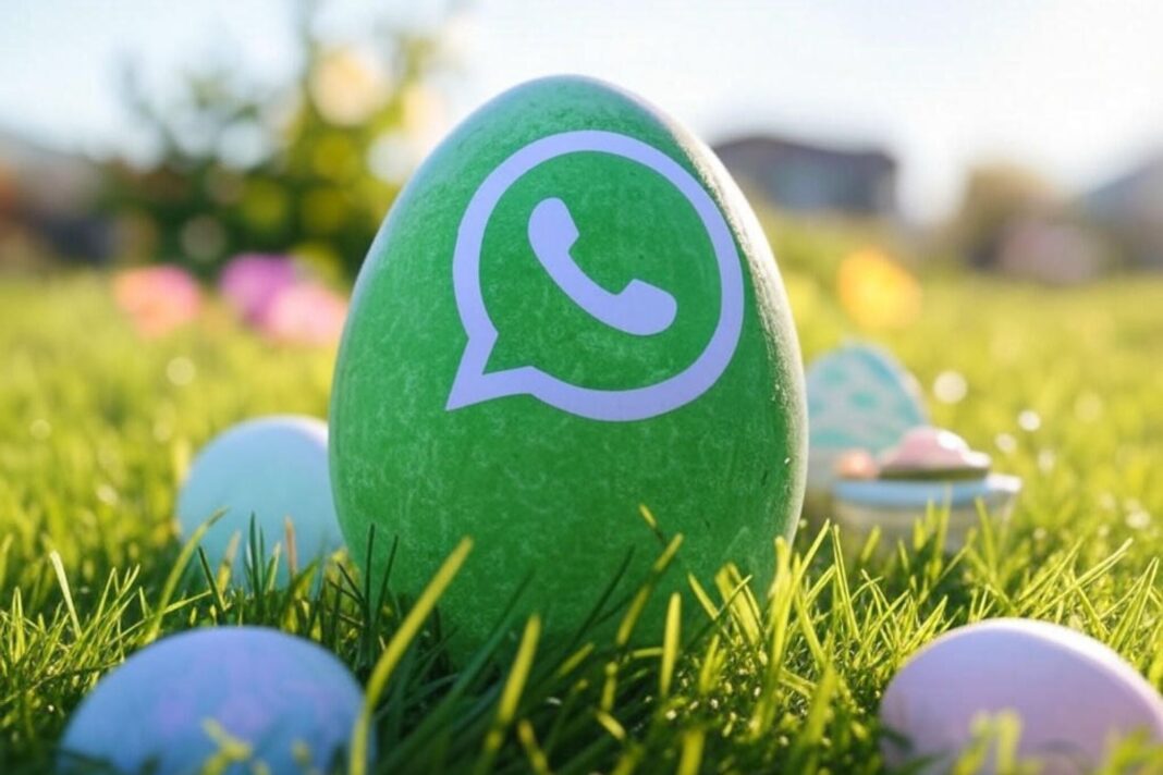 Ejemplo de tarjeta digital con motivos de Pascua como conejos y huevos coloridos, lista para enviar por WhatsApp.
