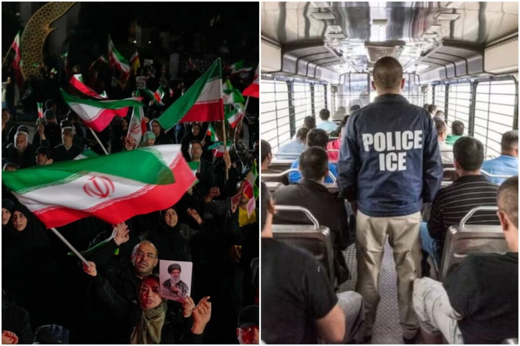 Ilustración de dos siluetas tras las rejas con la bandera de Irán y la bandera del arcoíris LGBTQ+ de fondo.