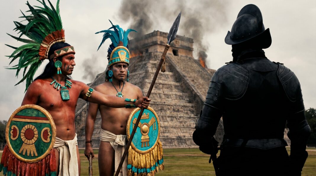 Guerreros tlaxcaltecas en batalla junto a soldados españoles durante la conquista de México