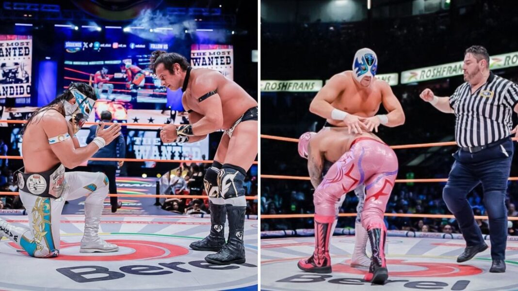 Bandido celebra su victoria sobre Volador Jr. en la Arena México