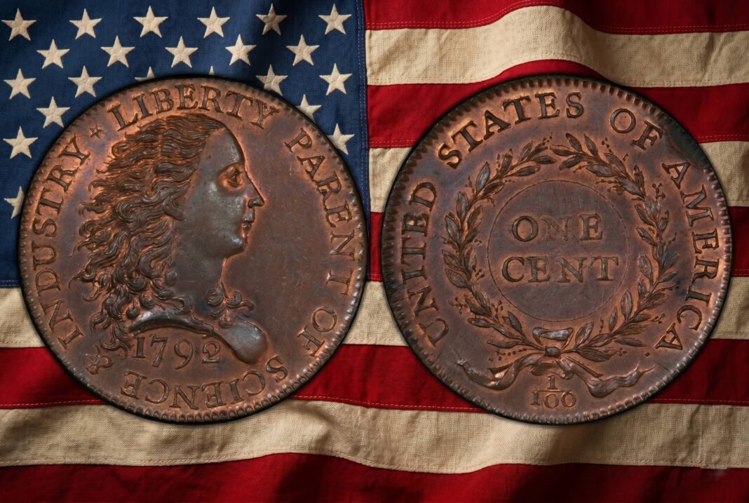 Birch Cent de 1792, moneda de cobre con retrato y borde grabado, subastada por Heritage Auctions
