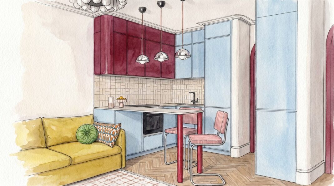 Cocina moderna con isla central integrada al salón, mostrando diseño abierto y materiales como madera y acero inoxidable