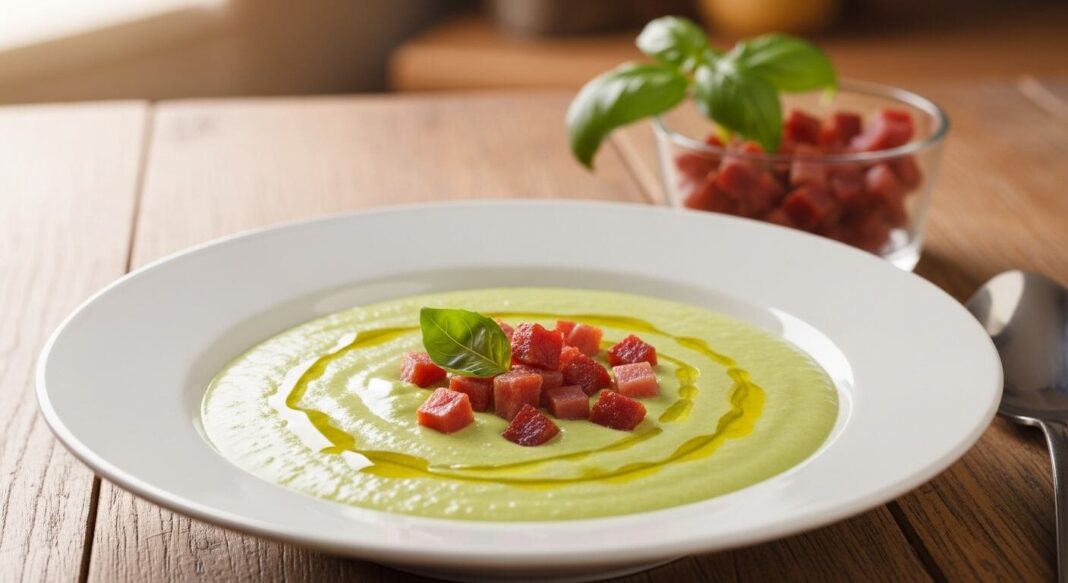 Salmorejo de calabacín servido en cuenco con decoración de huevo duro y jamón serrano