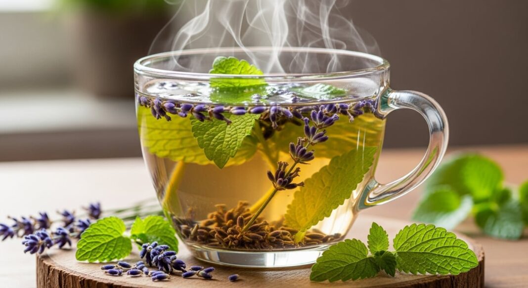 Tisana de toronjil y lavanda servida en una taza