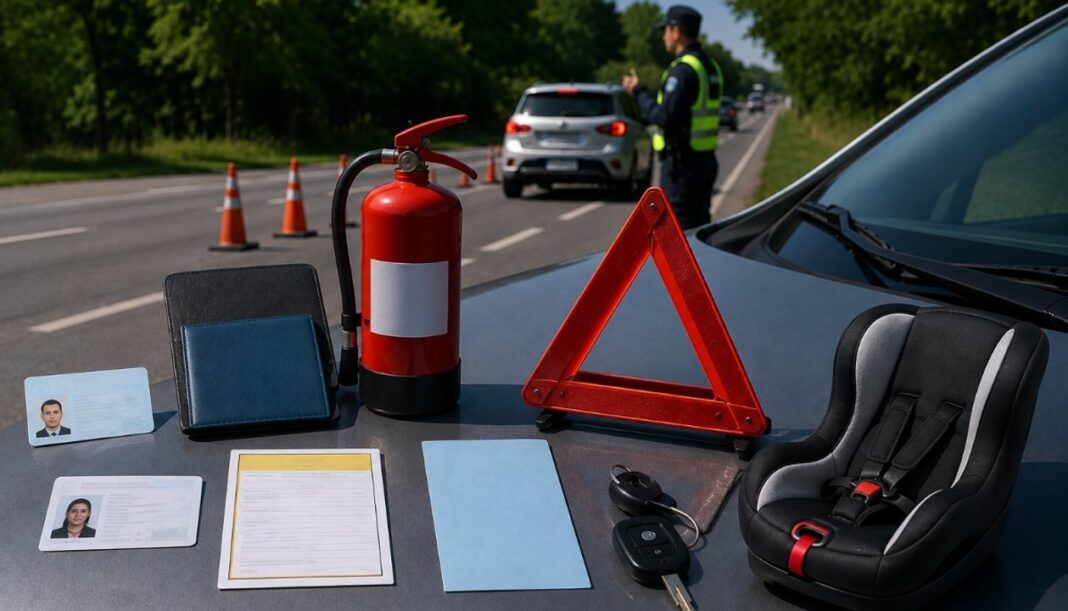Documentos y elementos de seguridad sobre un auto en ruta