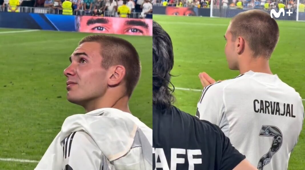 Franco Mastantuono llorando en el campo del Santiago Bernabéu durante el homenaje a Dani Carvajal