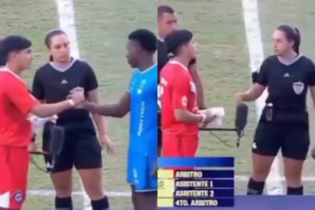 Luca Agüero, capitán de Argentinos Juniors, hablando con árbitros durante un partido en Colombia