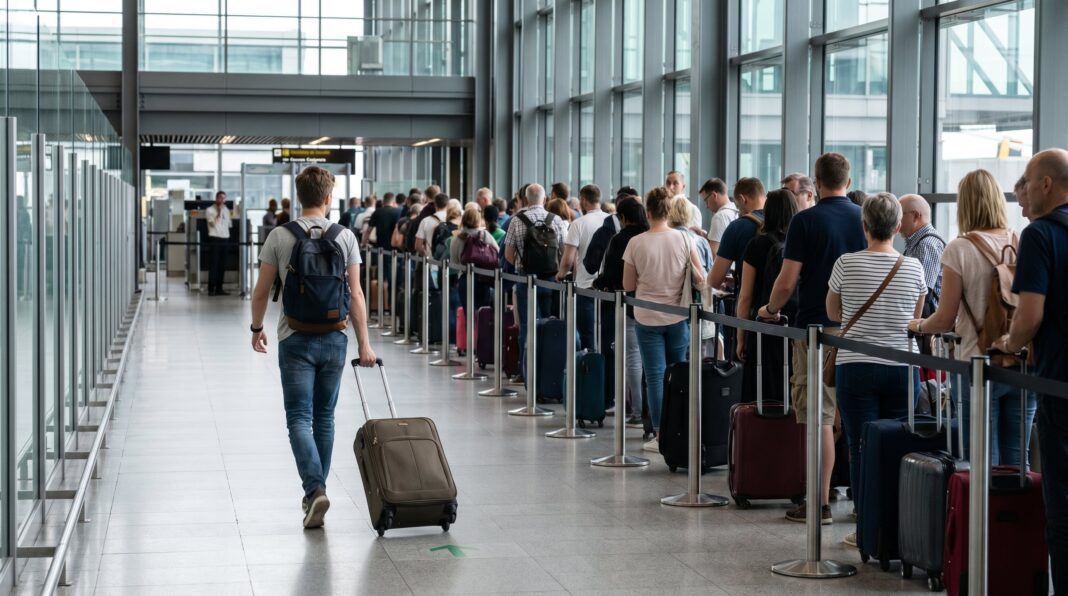 Viajero usando quiosco electrónico de Global Entry en aeropuerto de Estados Unidos
