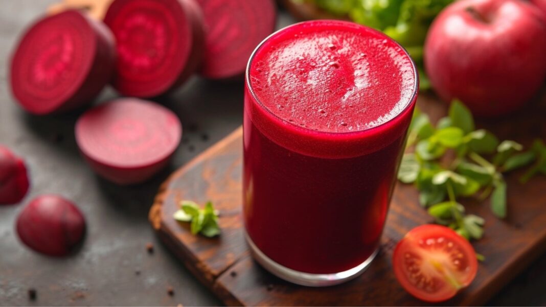 Vaso de jugo de betabel fresco con ingredientes naturales
