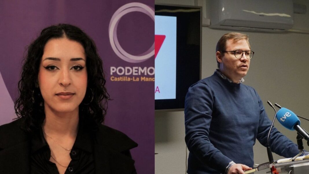 Logos de Podemos e Izquierda Unida sobre fondo gris