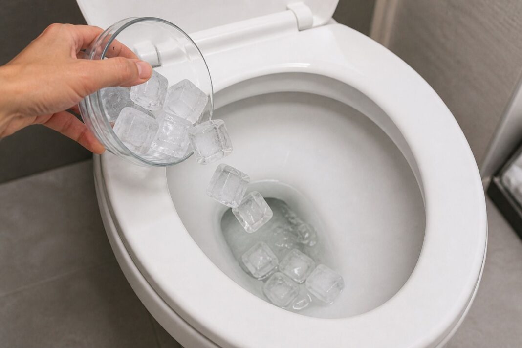 Cubos de hielo dentro de un inodoro como método de limpieza casero