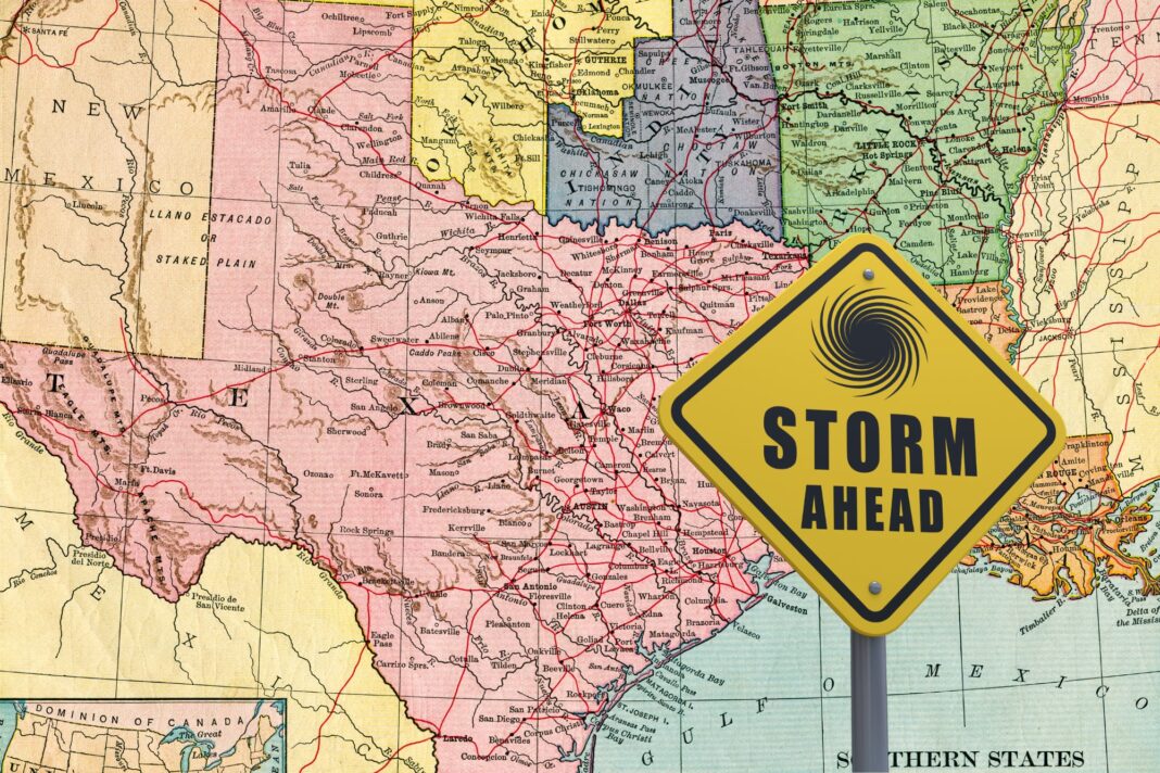 Mapa meteorológico de tormentas severas en Texas
