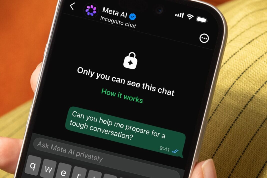 Captura de pantalla de WhatsApp mostrando el modo incógnito para Meta AI