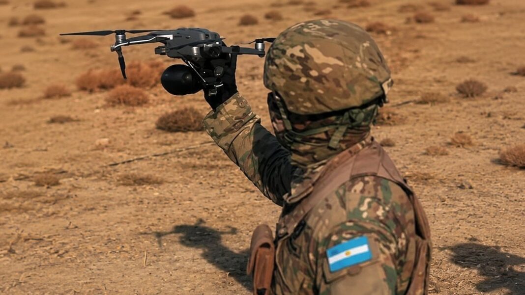 Vehículo terrestre no tripulado PM EA 1 del Ejército Argentino con drones FPV durante la Expo Ejército 2026