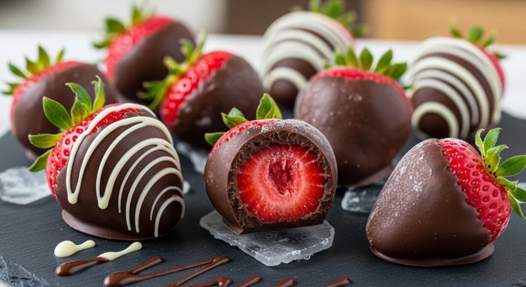 Fresas congeladas bañadas en chocolate sobre una bandeja con papel encerado