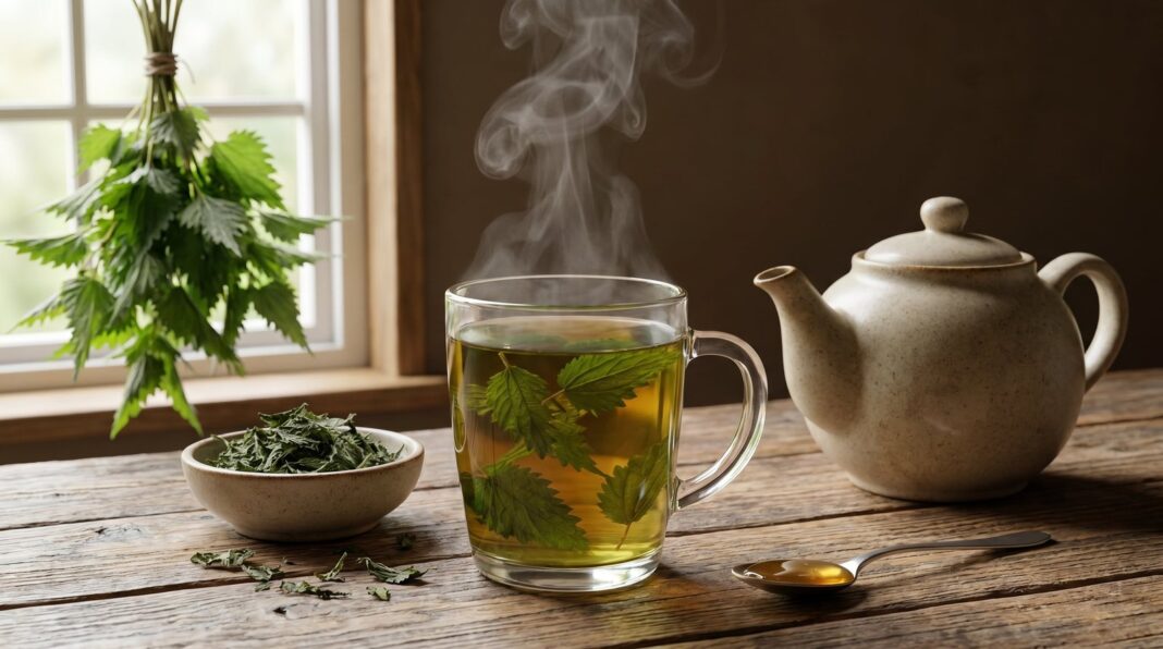 Infusión de ortiga en una taza junto a hojas secas de la planta